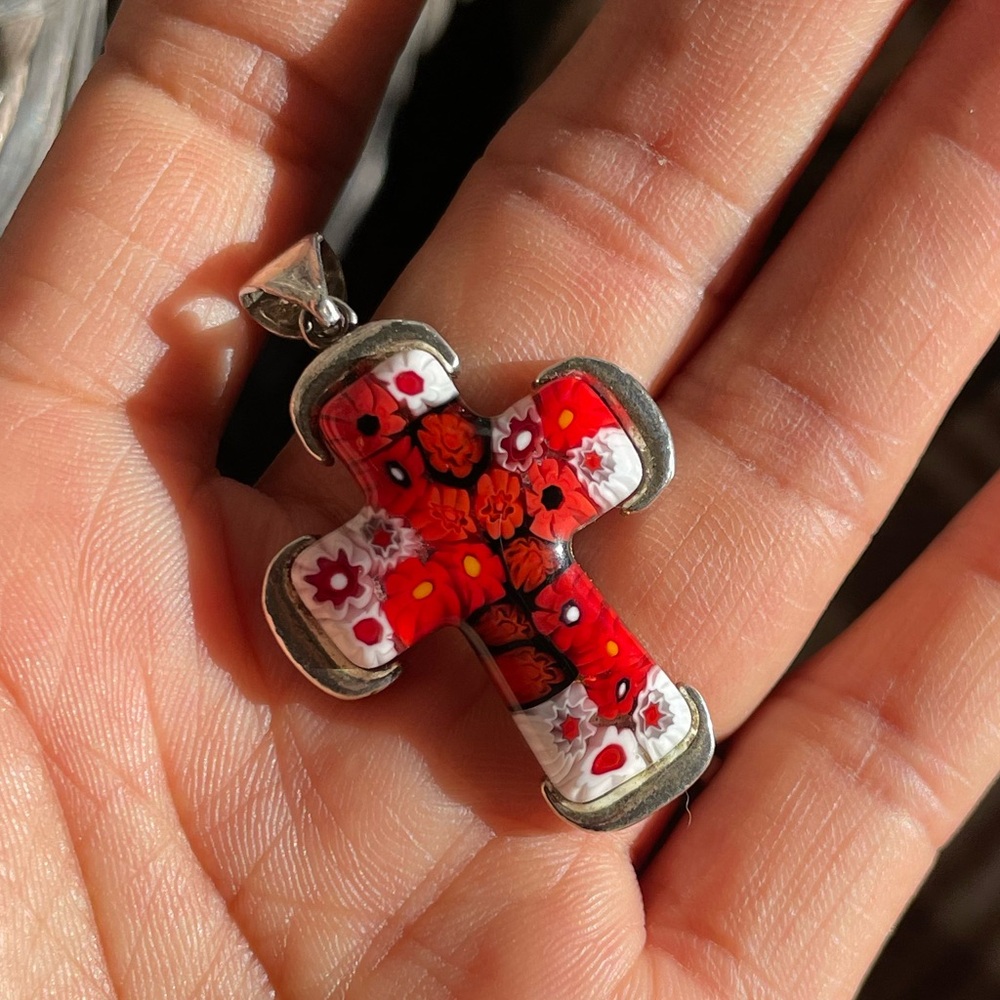 Handmade in Murano, Italy Millefiori glass cross 925 sterling silver pendant - Picture 15 of 16